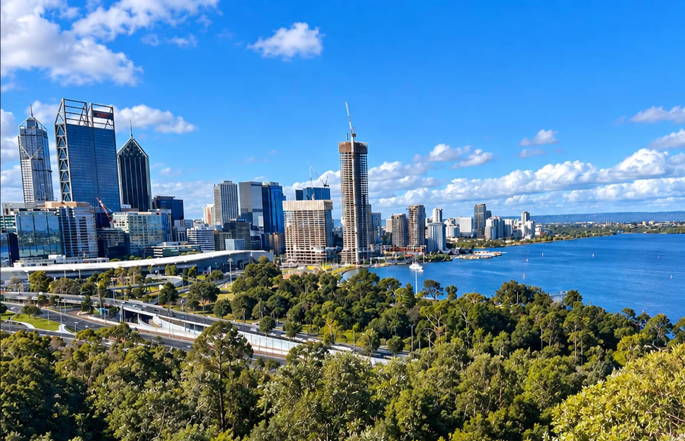 The Perth city skyline and the Swan River, seen from Kings Park